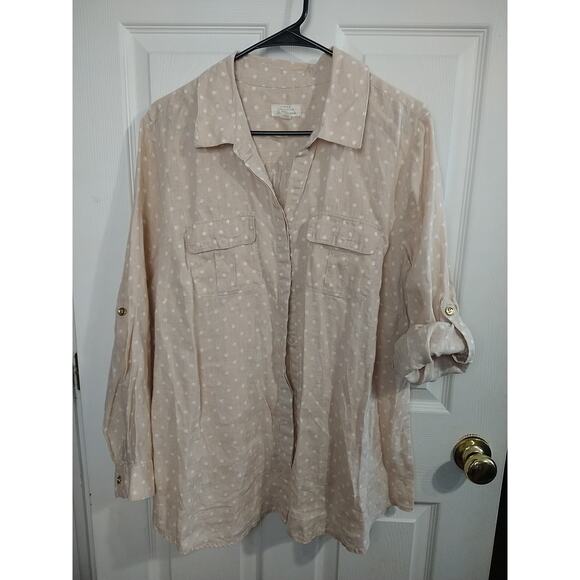 Charter Club Linen Shirt 100 Linen Brown White Polkadot Collared V Neck Long... - Picture 1 of 10
